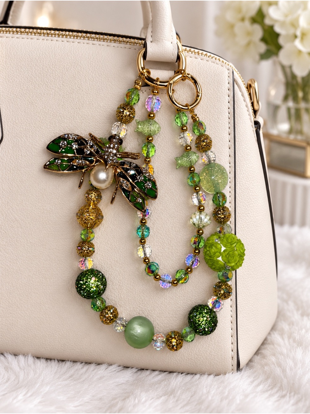Green Beaded Bee Bag Charm Keychain